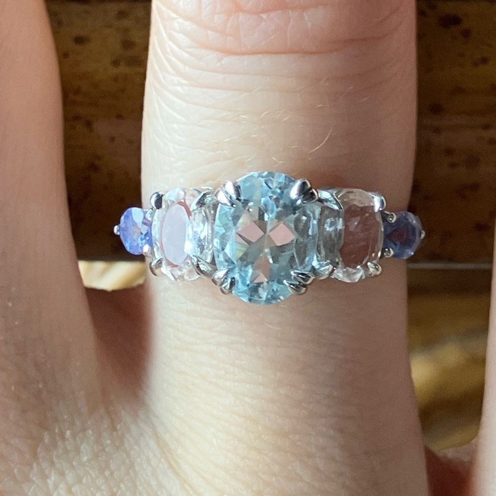 Natural Aquamarine Tanzanite Morganite Sterling Silver Ring Size 7